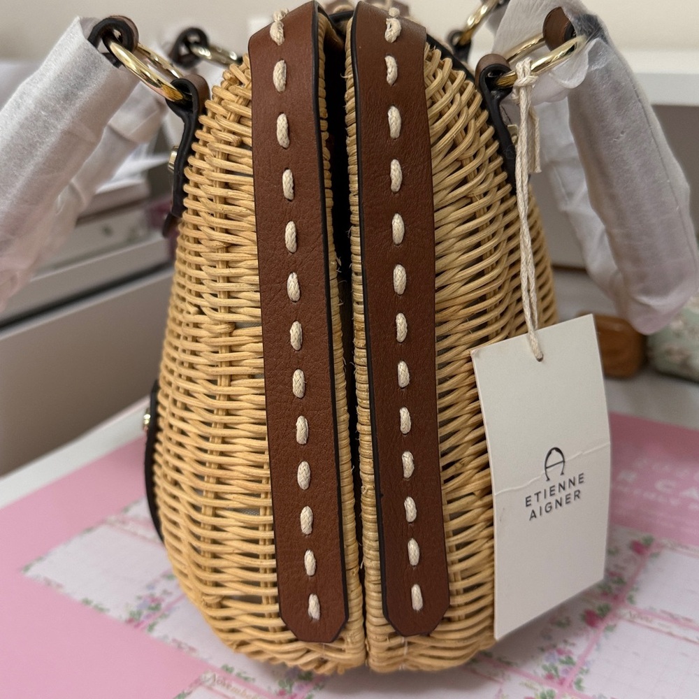 Etienne Aigner Woven Rattan Satchel Handbag in Tan and Brown - Picture 2 of 16